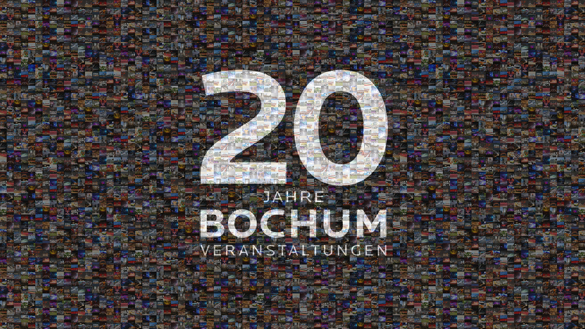 20 Jahre Bochum Veranstaltungen - Ein weißer Schriftzug auf einem Mosaik aus vielen Bildern.